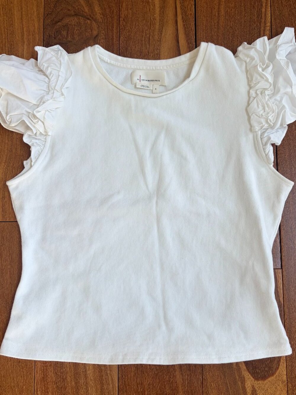 Anthropologie Maeve white ribbed knit top featuring voluminous, multi layered ru